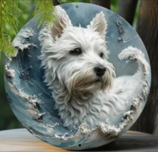 Vintage rond metalen bord West Highland White Terrier (20cm)