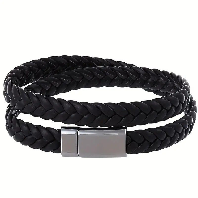 Bracelet tressé noir double tour avec fermoir métal