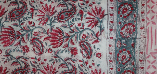 Paréo de plage en coton voile indien imprimé à la main – Motif floral rouge, rose et vert – Étole & châle bohème
