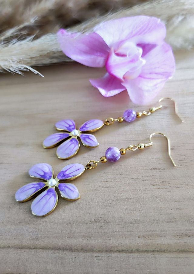 A Boucles d'oreilles "Flower" Lépidolite