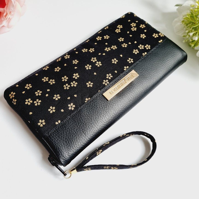 Portefeuille long zippé "Sakura" noir doré & simili cuir noir