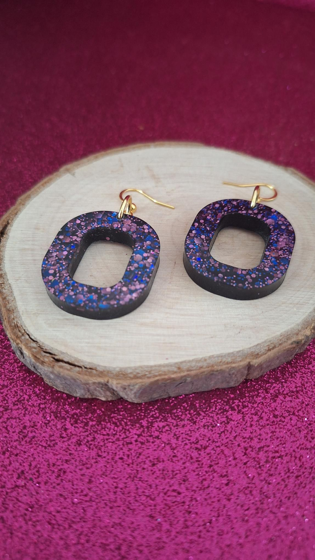 Boucles d'oreilles ovales noirs paillettes bleues/roses 