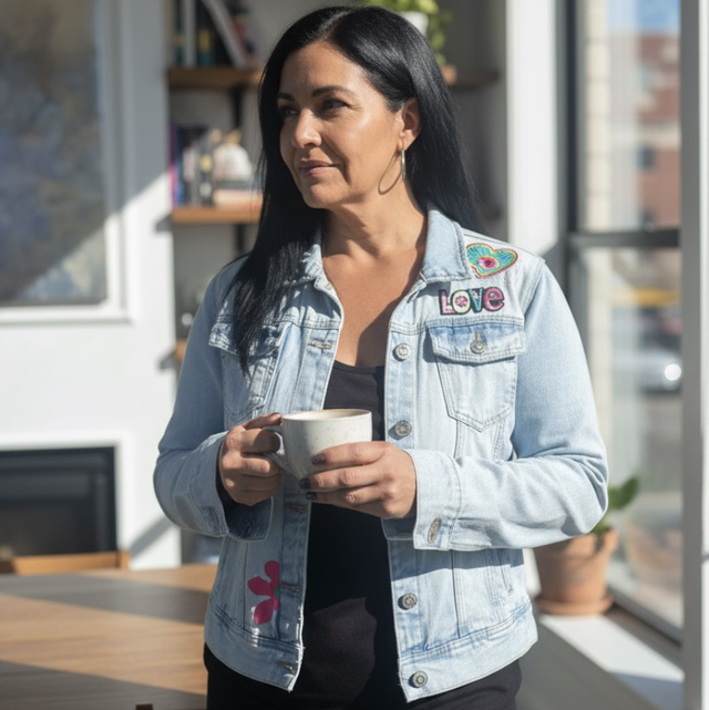 Veste en jean customisée dentelle love 38/40