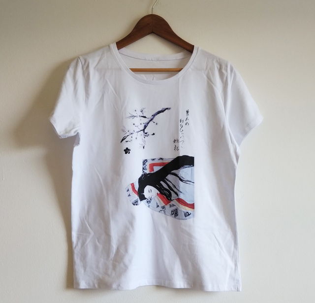 White Color Cotton T-shirt, Heian period woman Pattern, Printed T-shirt