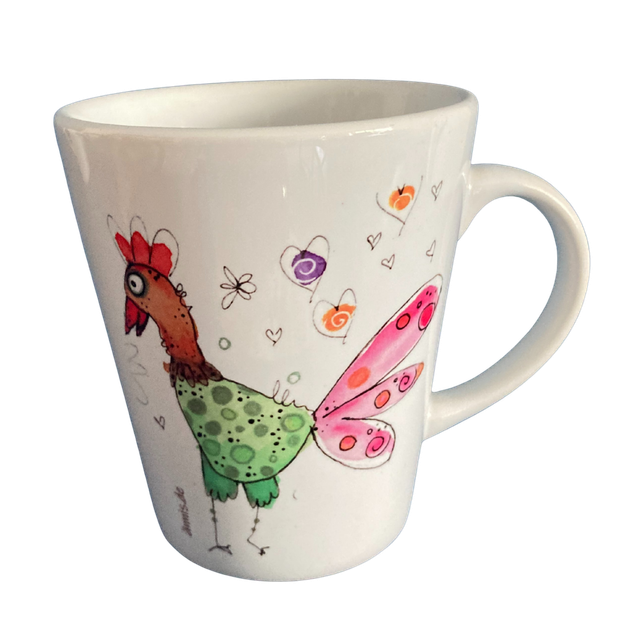 Konische Keramiktasse "Huhn - grün/rosa"