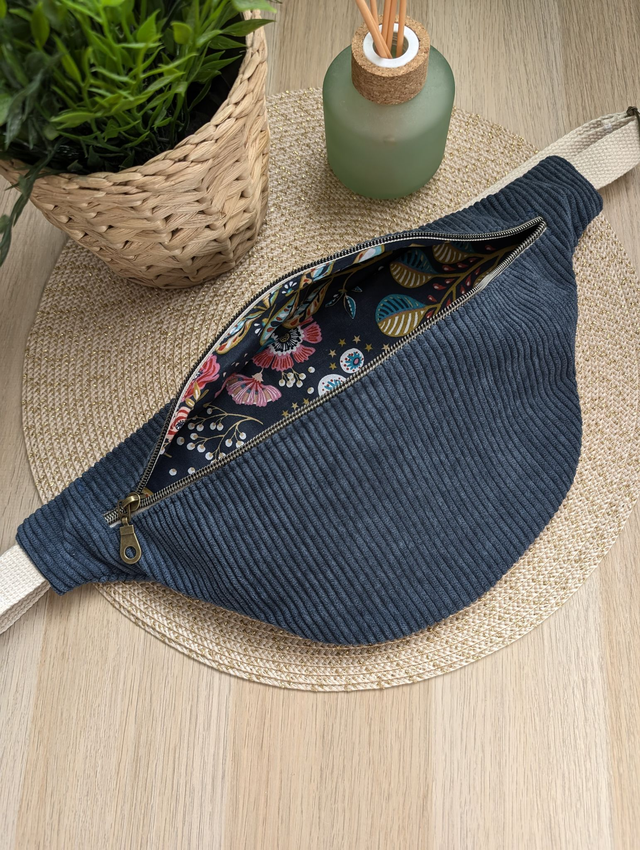 Sac banane femme en velours cotelé bleu canard