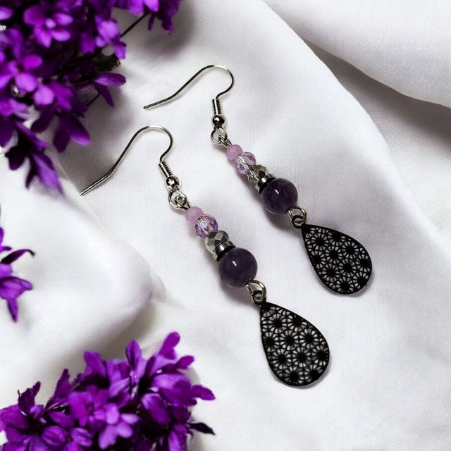 Boucles d'oreilles lavande noir acier inoxydable