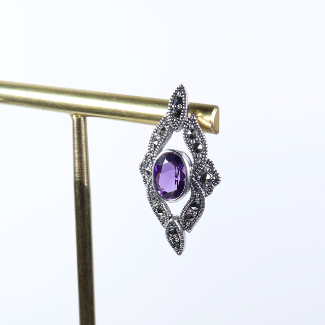 Art Deco Style Sterling Silver 925 Oval Cut 1ct Rich Deep Purple Amethyst Marcasite Gemstone February Birthstone Diamond Shape Design Stud Earrings