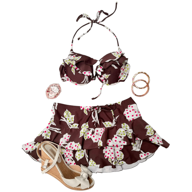 coquette brown floral polka dot japanese 3 piece bikini set