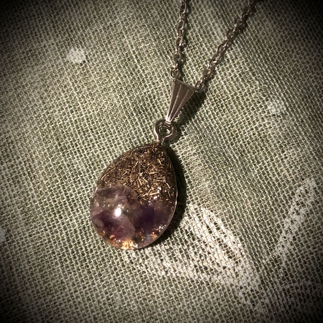 Crystal Energy Teardrop Pendant with Amethyst Quartz/metal shavings (small)