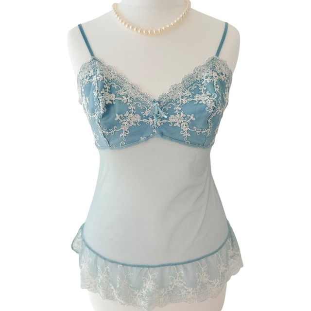 BNWT Japanese brand coquette blue mesh floral embroidered cups cami