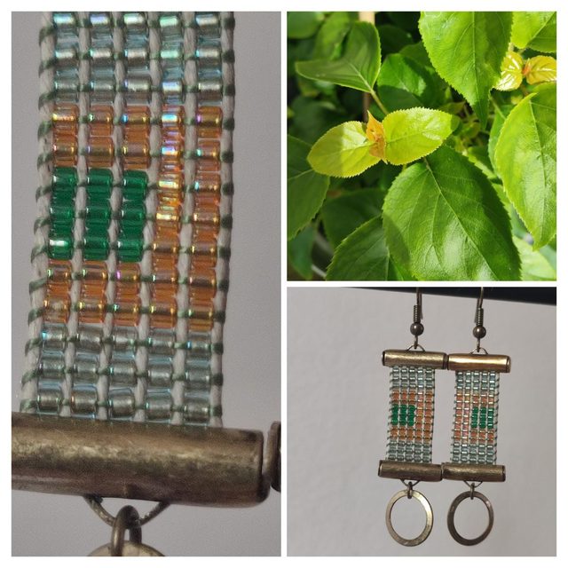 Boucles d&#039;oreilles tissées main en perles de verre miyuki sur lin,vert et or, -sans nickel,pièce unique 