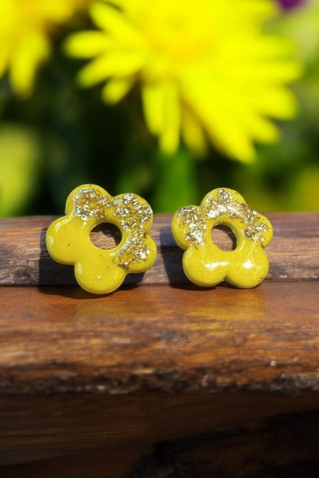 Pampilles interchangeables  fleur jaune et feuilles dorées pour créole 