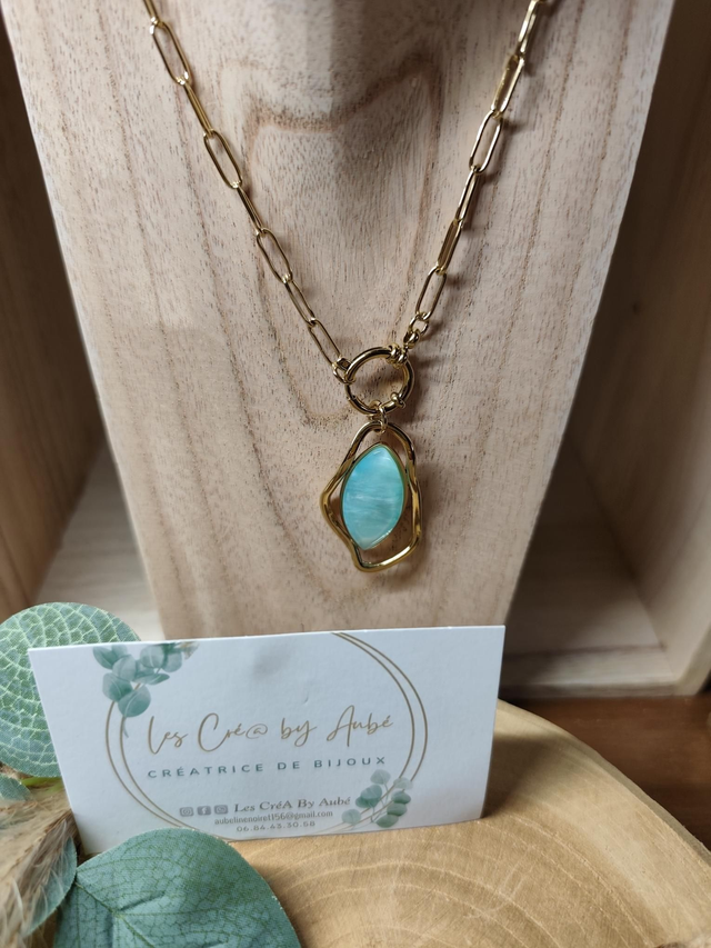 COLLIER MEDAILLON BLEU AZUR/ ACIER INOXY GOLD 0000399