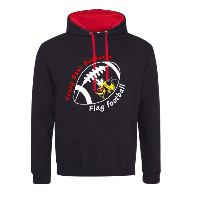 Sweat capuche noir - doublure, capuche et cordon rouge. Poche kangourou. Intérieur gratté.