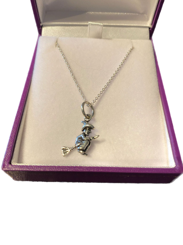 Sterling Silver Dainty Flying Witch Necklace