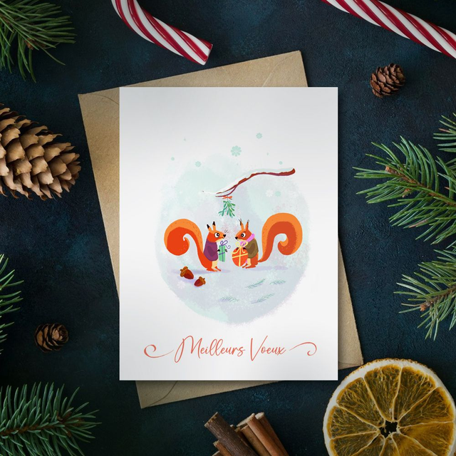 Carte de Voeux "Petits Ecureuils " avec enveloppe dorée