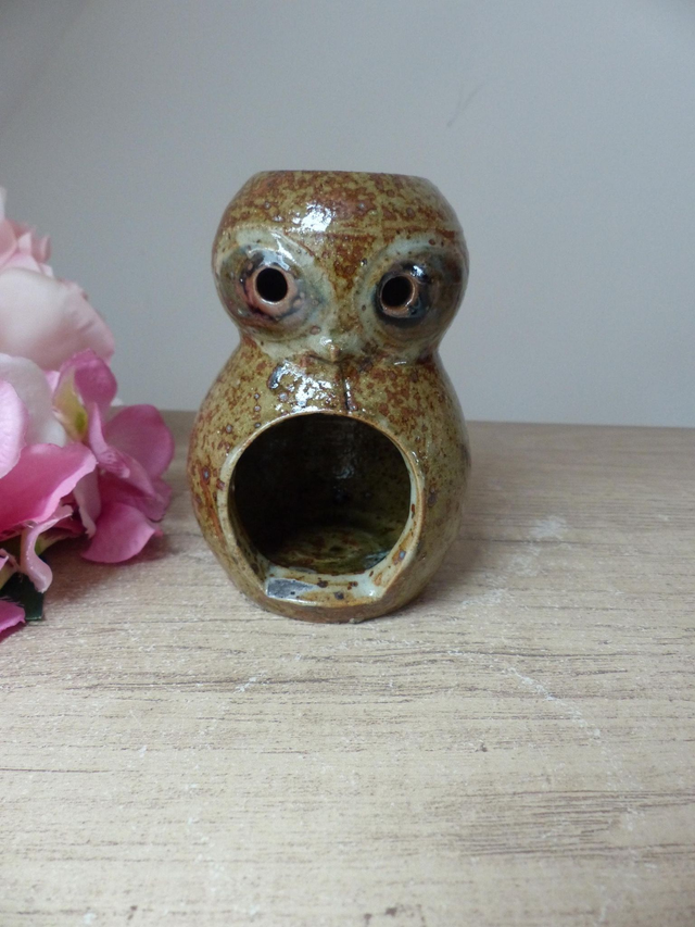 Photophore Guy Baudat Chouette en Grès Pyrité vintage 1960 -1970, brûle parfum zoomorphe chouette poterie, bougeoir décor maison vintage