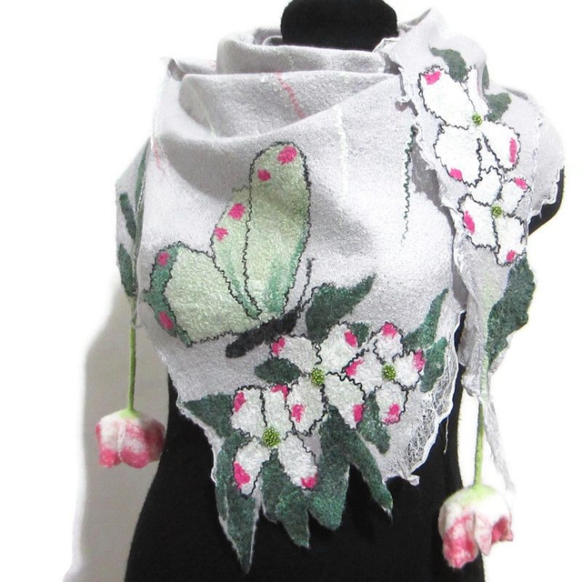 Scialle lana merino seta caldo fatto a mano infeltrito grigio