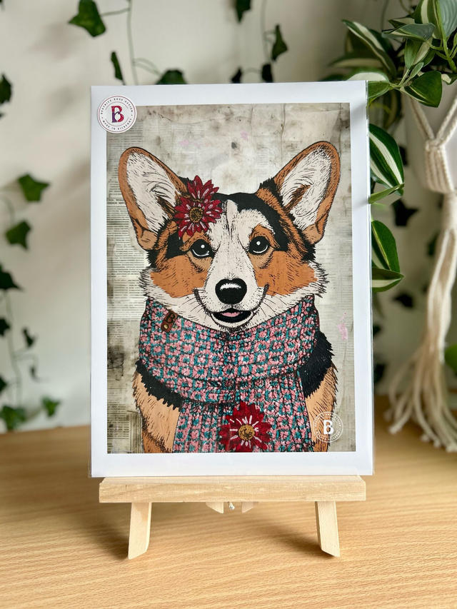 Corgi Dog In Floral Mixed Media Art Print A4