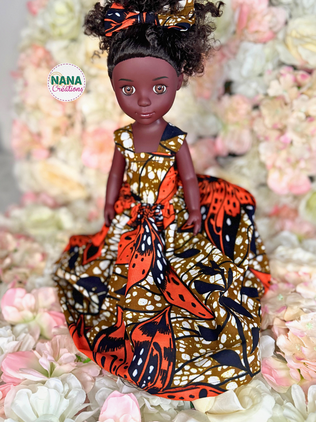 Poupée - Doll - Haut et Jupe fait main -  tissu Wax | Cheveux bouclés