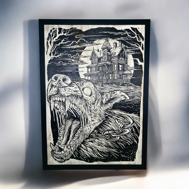 Tableau Gravure Chien Zombie en Bois - Art Resident Evil