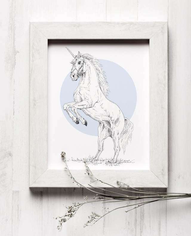 Unicorn Rampant Print - After an original ink illustration 
