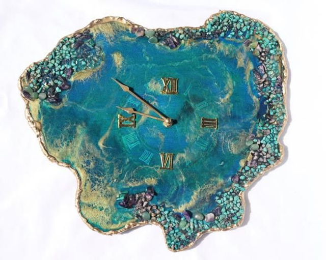 Resin wall clock with crystals, handmade clock