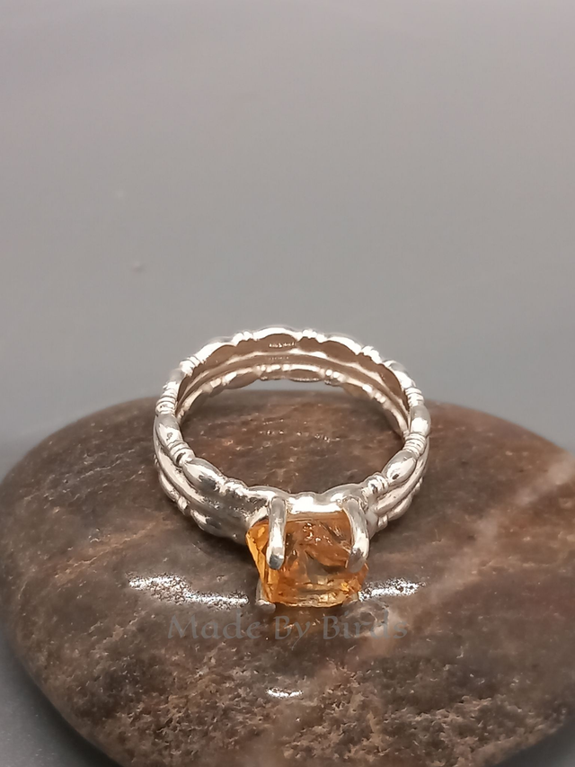 Sterling Silver Patterned Band Ring With Claw Set Raw Citrine Stone