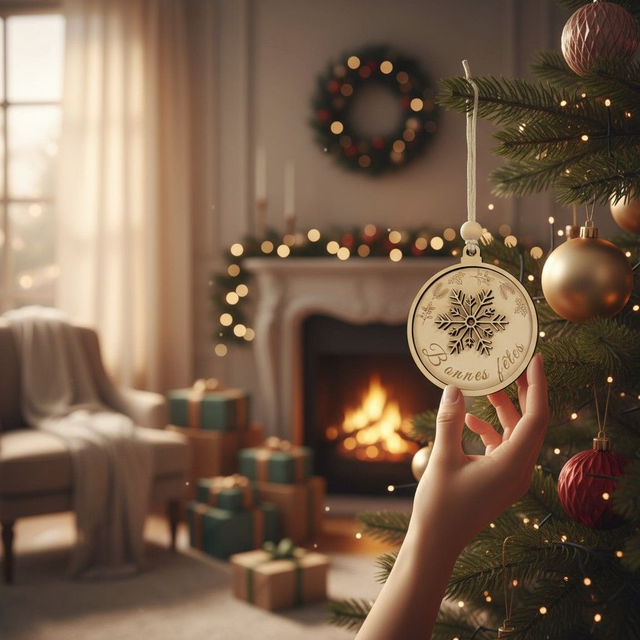 Boule de Noël en bois personnalisée - décoration de sapin gravée, déco Flocon