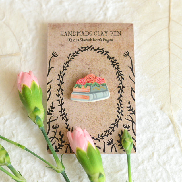 Spring Collection &quot;Book Lover&quot; clay pin