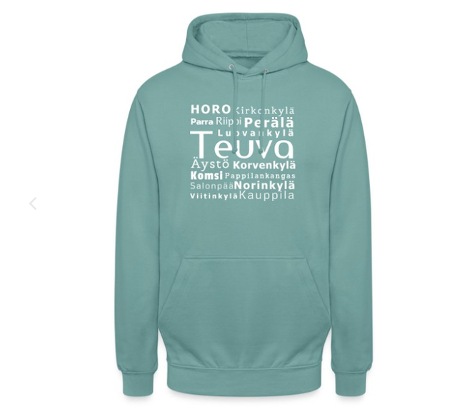 Teuvan kylät huppari, turkoosi