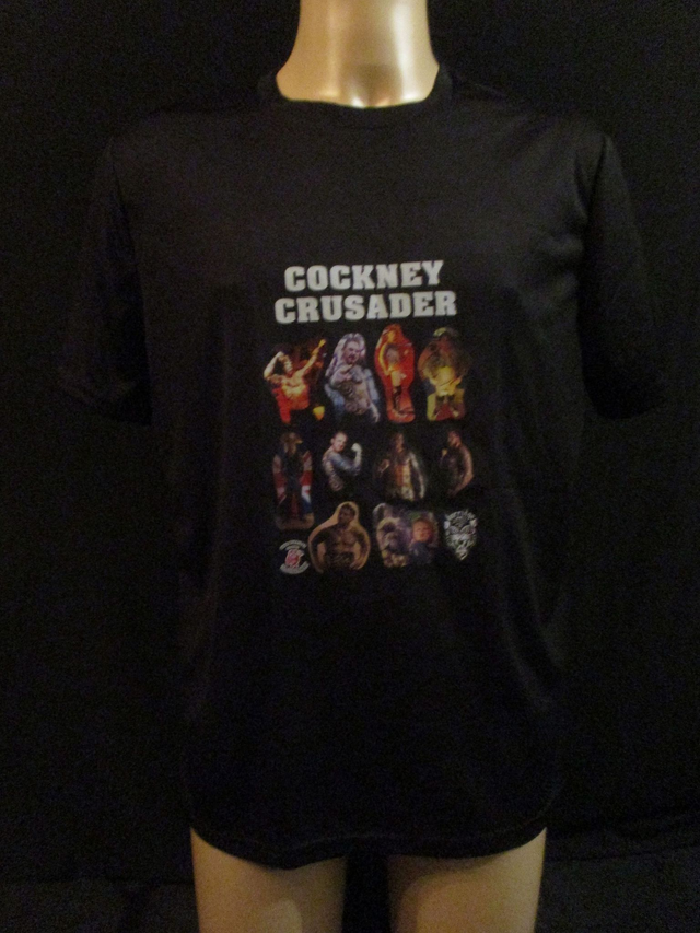 Greg Burridge 'Cockney Crusader' Wrestler Picture T-Shirt (White Bubble Logo) ADULT 100% Polyester Crew Neck BLACK (Large) Top