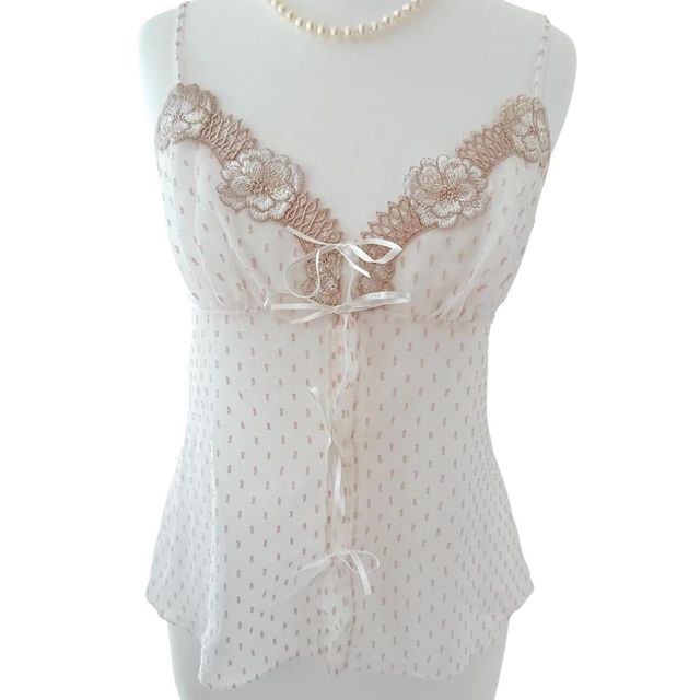 Japanese brand coquette white and pink polka dot + floral sheer embroidered cups cami