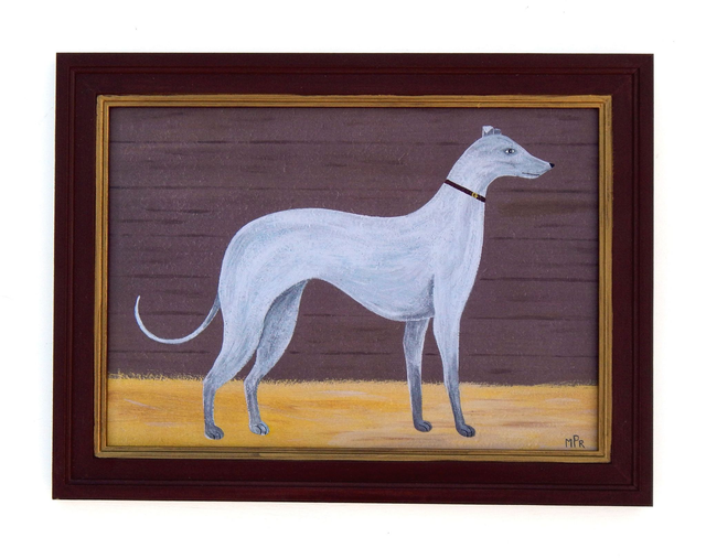 Naive Greyhound Folk Art Dog Print In Hand Painted Antique Style Frame By Matt Rix