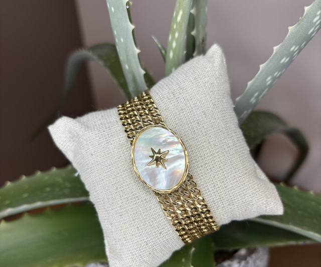 Bracelet en maille gourmette 4 rangs avec pièce ovale, nacre et étoile gravée