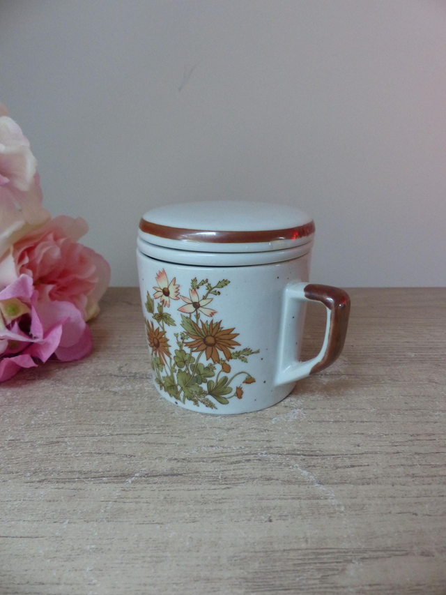 Tisanière en grès émaillé moucheté fleuri, tasse avec filtre décor botanique jaune, vert et orange Vintage, cadeau fête femme anniversaire