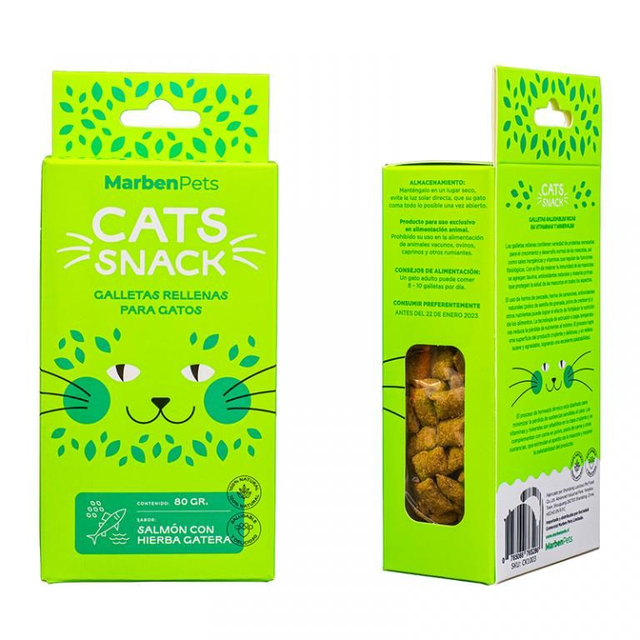 Galletas rellenas de Salmón y hierba gatera 80g – Cats Snacks