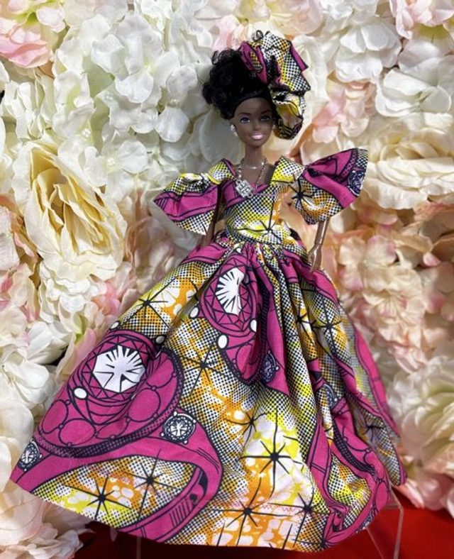 Poupée – Robe en Wax motif bague & Coiffe assortie - Fait main