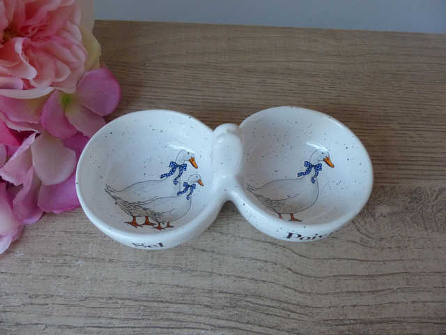 Ensemble vintage salière et poivrière en céramique blanche mouchetée avec oies et foulards bleus – décoration de table maison de campagne