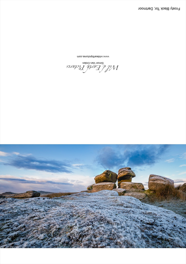 Frosty Black Tor - Dartmoor, Devon. A6 photographic greeting card. Blank inside for your own message.