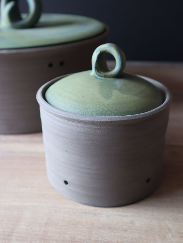 Ceramic Garlic Holder, Pottery Garlic Jar, Forest Colors, nature inspired, wheelthrown pottery handmade