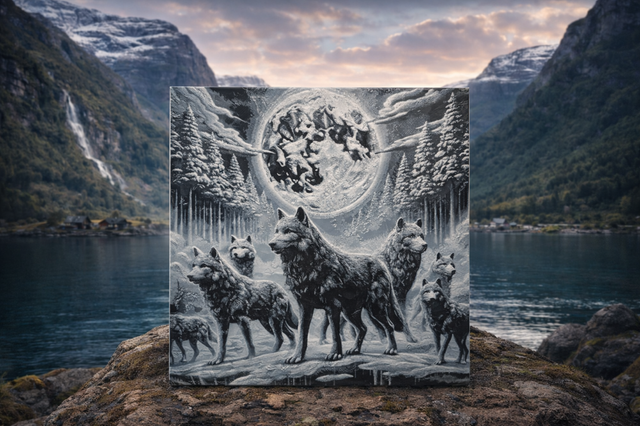 Wolf Pack and moon Hue Forge 15cm by 15cm art 