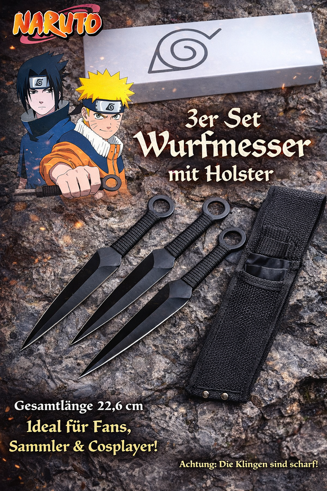 NEU Wurfmesser Kunai 3er Set schwarze Messer mit Cordura Holster für Sammler Sport Wurfsport Anime Manga Naruto Sasuke Fans