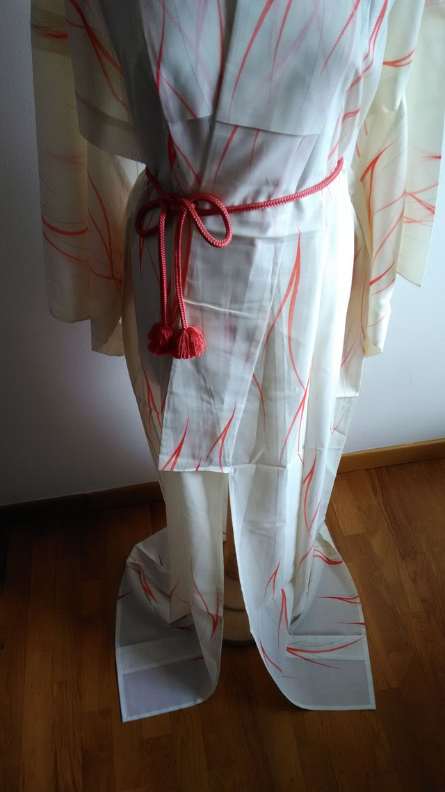 Cream Colour Vintage Japanese Kimono, Leaf Pattern Lightweight Kawaii Polyester Jacket Coat and Vintage Japanese Obijime Belt