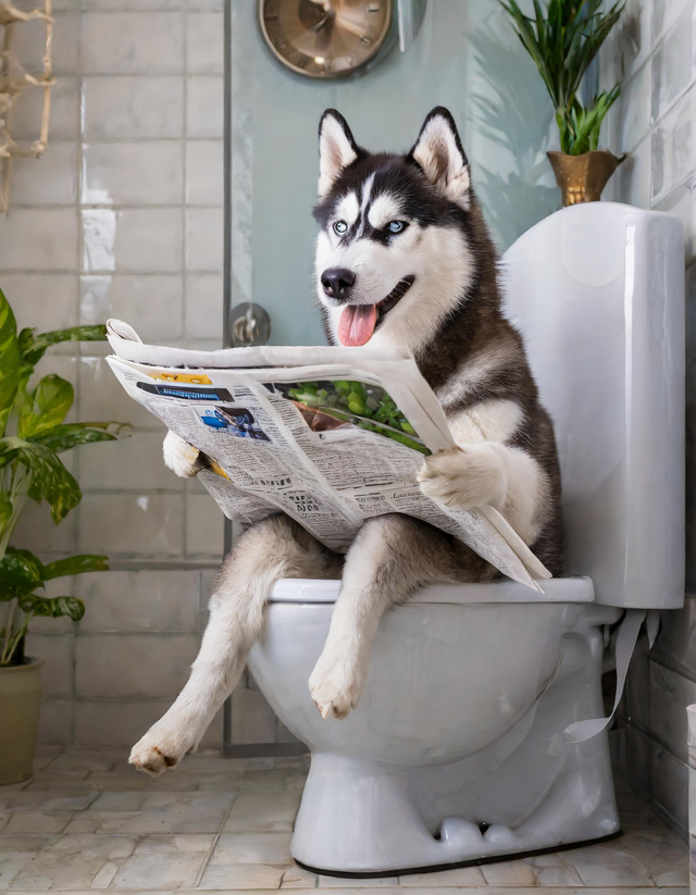 Husky on the Toilet Framed Canvas