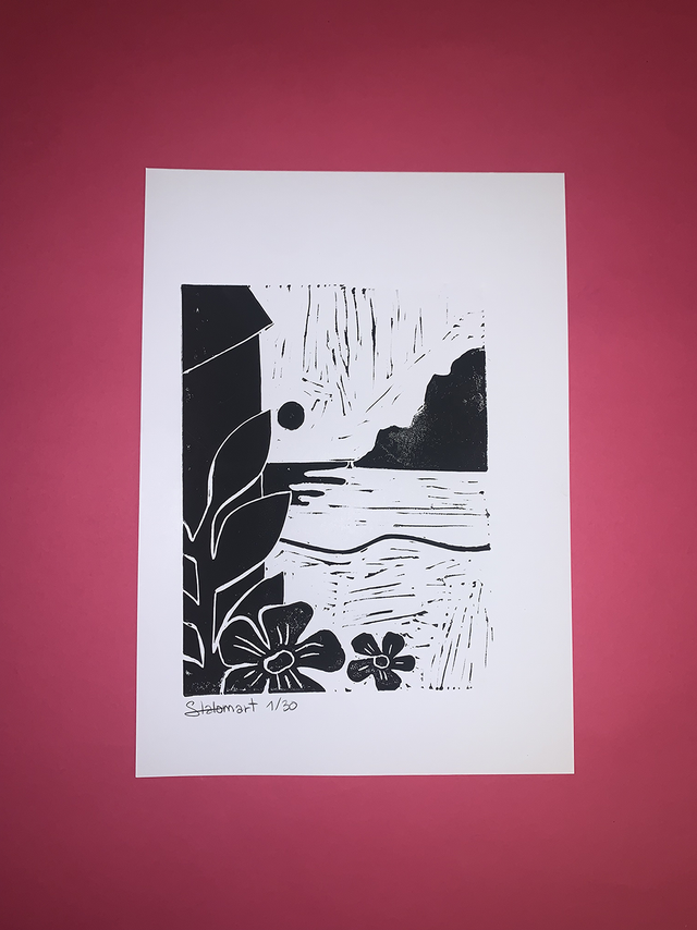 Linogravure A4 édition limitée « Plage secrète »