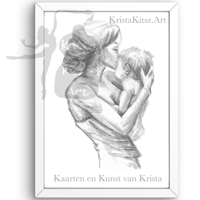Moeder en kind, prachtige print grijs wit op papier, potlood tekening Krista Kitsz Art