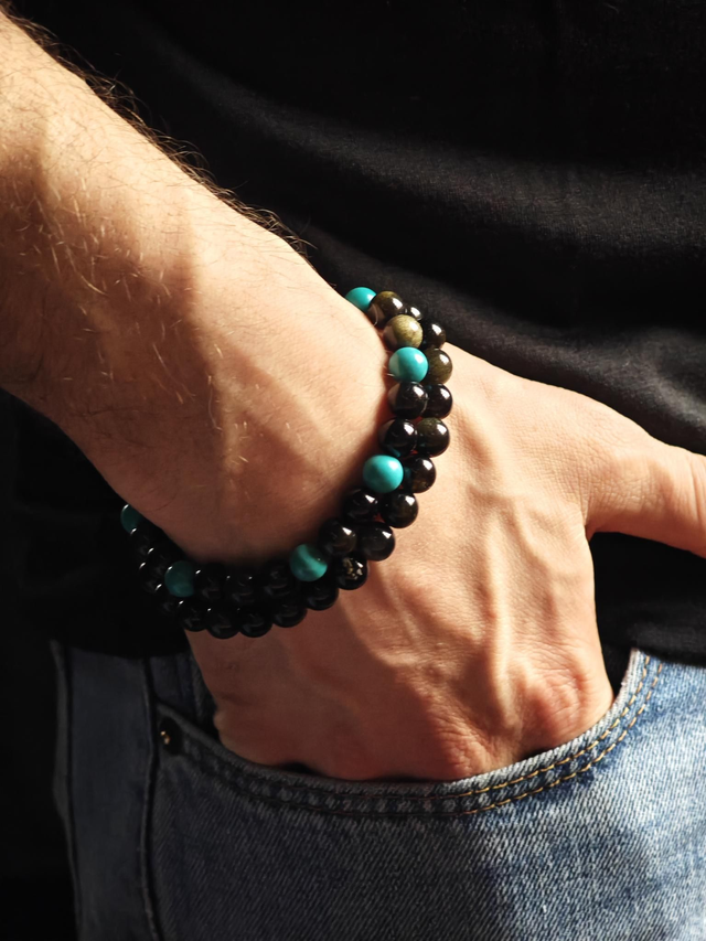 Bracelet obsidienne dorée &amp; turquoise 8 mm