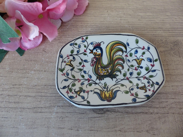 Porte-savon ou vide-poche en céramique du Portugal – Motif coq peint main – Pièce signée Almeida - Décoration pour Cuisine ou Salle de Bain